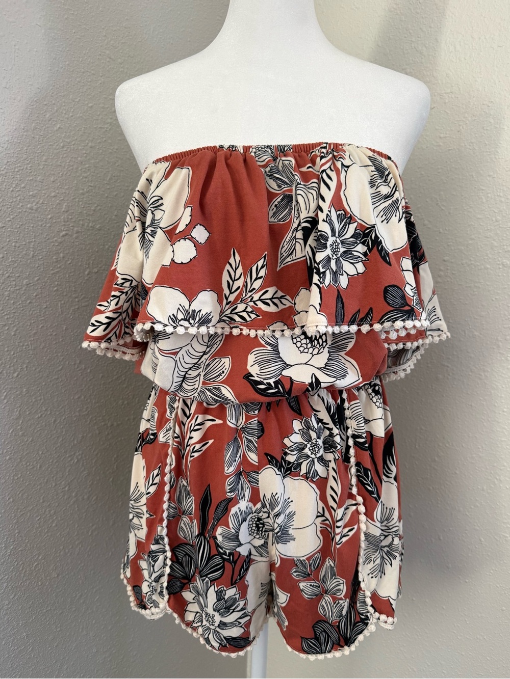 Miley + Molly Off Shoulder Floral Romper Rust Boho Festival Size S